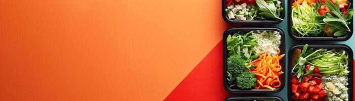 A minimalist, high-key setup with lunchboxes containing detox salads, set against a crisp, white background overlaid on a bright orange table, broad empty space on the right for pr photo