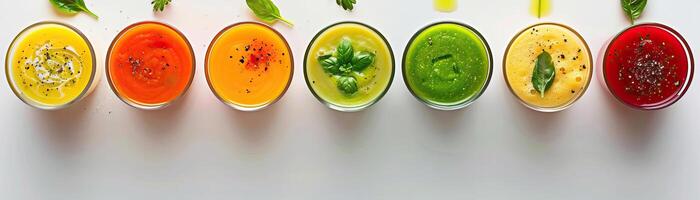 A minimalist, high-key setup with a line of bright vegetable cream soups in tall shot glasses, set against a crisp, white background, broad empty space on the right for promotional photo