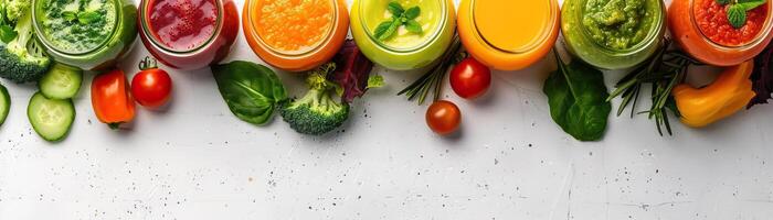 A minimalist, high-key setup with an array of detox juices and vegetable wraps, set against a crisp, white background, broad empty space on the right for promotional text. photo