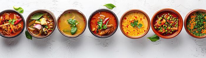 A minimalist, high-key setup with a selection of Thai curries, arranged in a diagonal line, each in a traditional clay pot, set against a crisp, white background, broad empty space photo