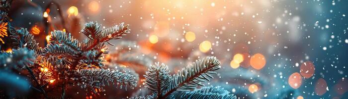 A vibrant, side-lit shot emphasizing the sparkle of gold baubles on a Christmas tree, the background lights artistically blurred, extensive panoramic space above for copy. photo