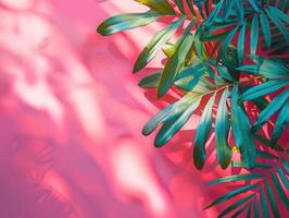 Vibrant green tropical leaves casting shadows on a bright pink background, creating a colorful and exotic atmosphere. photo