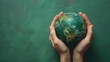 A pair of hands gently holding a small globe against a turquoise background, symbolizing global care and environmental protection. photo