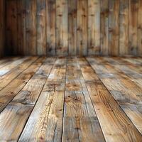 A rustic wooden room featuring weathered planks on the floor and walls, ideal for backgrounds, textures, and vintage design concepts. photo