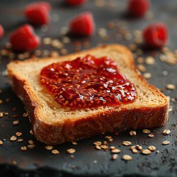 A delicious slice of toast topped with raspberry jam, surrounded by fresh raspberries and oat flakes on a dark background. photo
