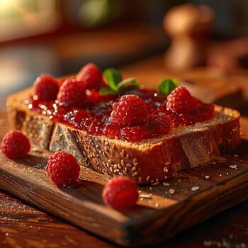 A slice of toast with raspberry jam topped with fresh raspberries, served on a wooden board with a warm, cozy background. photo