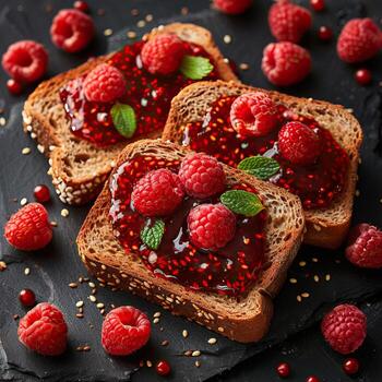 Three slices of toast topped with raspberry jam and fresh raspberries, garnished with mint leaves, on a dark background. photo