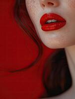 Close-up portrait of a woman with blue eyes, striking red lips, and freckles, set against a deep red background. photo