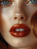 Detailed close-up of a woman's face focusing on glossy copper lips and blue eyes, showcasing makeup and smooth skin texture. photo
