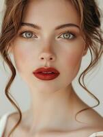 Close-up portrait of an elegant woman with green eyes, red lips, and a soft, natural look, featuring a subtle peach background. photo