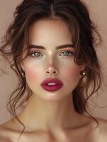Close-up portrait of an elegant woman with green eyes, red lips, and a soft, natural look, featuring a subtle peach background. photo