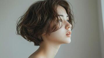 Close-up side profile of a woman with short, wavy brown hair and soft makeup, gazing thoughtfully out a window. photo