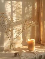 A lit candle next to a vase of delicate flowers casts gentle shadows in a softly lit room, creating a tranquil atmosphere. photo
