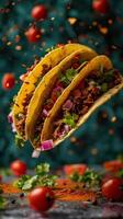 Close-up of three beef tacos filled with fresh vegetables, cilantro, and spices, capturing a vibrant and appetizing Mexican dish. photo