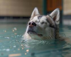 Close-up of a husky swimming in a pool with water reflections, capturing a serene moment at sunset. photo