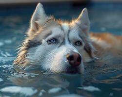 Close-up of a husky swimming in a pool with water reflections, capturing a serene moment at sunset. photo