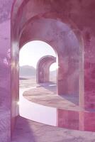 Abstract scene of pink archways in a desert landscape, creating a surreal and dreamlike atmosphere with soft pastel colors. photo