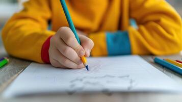 Child drawing and studying at a desk, creative and focused, education concept, editorial shot, empty space for text on side photo
