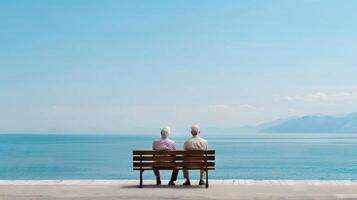 Elderly couple relaxing on a seaside bench, watching the waves, leisure travel concept, empty copy space for text on side photo