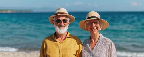 Elderly couple laughing on a beach, leisure travel and well-being, joyful atmosphere, editorial photography, empty copy space on the right photo