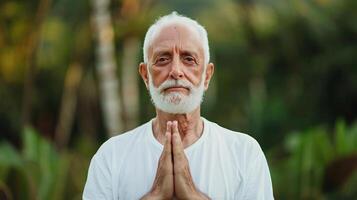 Elderly man in yoga pose, calm and focused expression, wellness concept, natural background, empty space for text on left photo