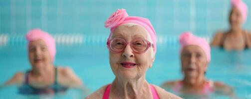 Elderly women having fun in water aerobics, wellness concept, bright pool setting, joyful atmosphere, empty space for text photo