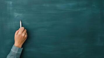 Engaged student taking notes in front of a chalkboard, learning and curriculum, education concept, editorial shot, empty space for text on side photo