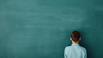 Engaged student taking notes in front of a chalkboard, learning and curriculum, education concept, editorial shot, empty space for text on side photo