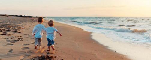 Happy siblings running along the shoreline, carefree and fun, beach break, editorial photography, empty space for text on left photo