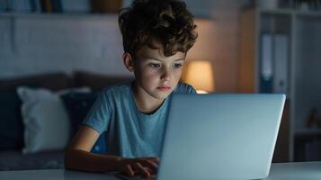 Kid using a laptop for study at a desk, modern education concept, editorial photography, empty copy space for text photo