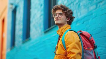 Student making a comeback to campus, back to school concept, editorial advertising photography, vibrant and energetic atmosphere, empty copy space for text on side photo