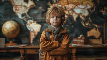 Schoolchild experiencing homecoming, education concept, editorial advertising photography, warm and inviting atmosphere, empty copy space for text on side photo