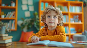 Editorial advertising photography of a kid studying at a desk, education theme, bright and engaging environment, empty copy space for text on side photo