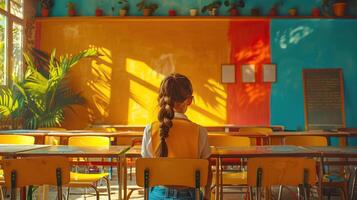 Editorial advertising photography of a schoolchild returning home, education theme, bright and cheerful setting, empty copy space for text on side photo