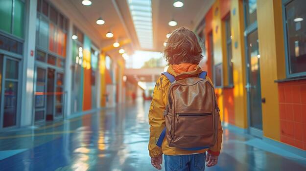 Education concept with a schoolchild coming home, editorial advertising photography, vibrant and welcoming environment, empty copy space for text on side photo