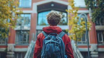 Student making a comeback to campus, back to school concept, editorial advertising photography, vibrant and energetic atmosphere, empty copy space for text on side photo