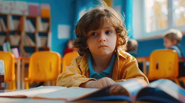 a schoolchild interacting with friends and learning, in a bright educational environment, perfect for editorial advertising, with empty copy space on the side photo