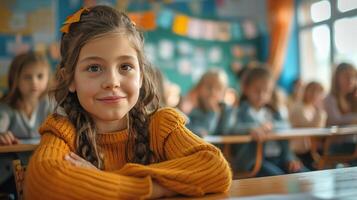 Schoolchild receiving instruction and socializing, education concept, editorial advertising photography, lively and interactive classroom setting, empty copy space for text on side photo