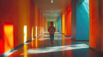 Education concept with a schoolchild coming home, editorial advertising photography, vibrant and welcoming environment, empty copy space for text on side photo
