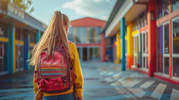 Editorial advertising photography of a schoolchild returning home, education theme, bright and cheerful setting, empty copy space for text on side photo