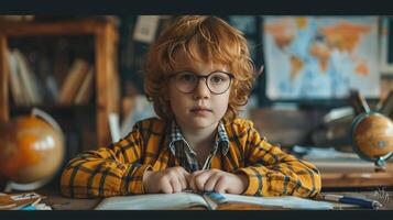 Education concept featuring a kid studying at a desk, editorial advertising photography, vibrant and inspiring setting, empty copy space for text on side photo