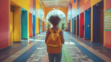 Education concept with a schoolchild coming home, editorial advertising photography, vibrant and welcoming environment, empty copy space for text on side photo