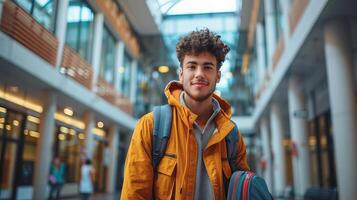 Editorial advertising photography of a student returning to campus, back to school theme, lively and welcoming environment, empty copy space for text on side photo