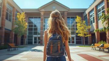 Editorial advertising photography of a student returning to campus, back to school theme, lively and welcoming environment, empty copy space for text on side photo
