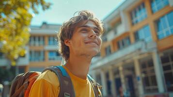 Student making a comeback to campus, back to school concept, editorial advertising photography, vibrant and energetic atmosphere, empty copy space for text on side photo
