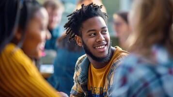 a young student socializing with classmates while receiving instruction photo