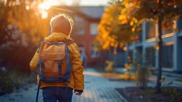 Editorial advertising photography of a schoolchild returning home, education theme, bright and cheerful setting, empty copy space for text on side photo