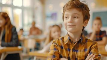 a schoolchild interacting with friends and learning, in a bright educational environment, perfect for editorial advertising, with empty copy space on the side photo