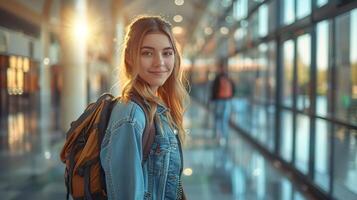 Editorial advertising photography of a student returning to campus, back to school theme, lively and welcoming environment, empty copy space for text on side photo
