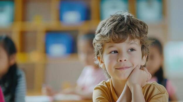 a schoolchild interacting with friends and learning, in a bright educational environment, perfect for editorial advertising, with empty copy space on the side photo